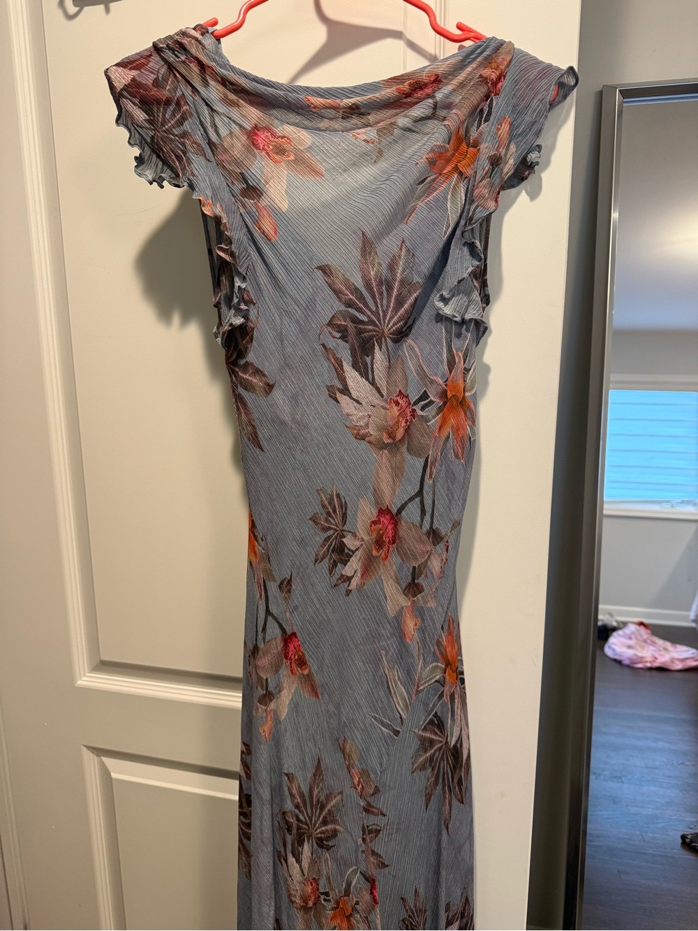 All Saints Blue Floral Maxi Dress with Ruffled Cap Sleeves